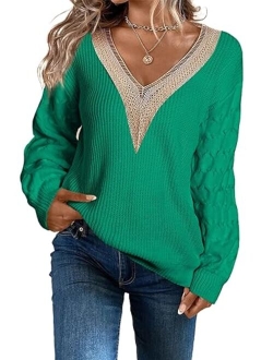 EVALESS Womens Long Sleeve Sweaters Fall 2023 Trendy Sexy Lace V Neck Knit Drop Shoulder Pullover Sweater Jumper Tops