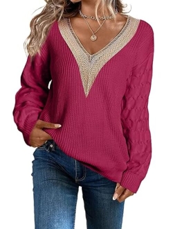 EVALESS Womens Long Sleeve Sweaters Fall 2023 Trendy Sexy Lace V Neck Knit Drop Shoulder Pullover Sweater Jumper Tops