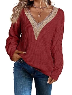 EVALESS Womens Long Sleeve Sweaters Fall 2023 Trendy Sexy Lace V Neck Knit Drop Shoulder Pullover Sweater Jumper Tops