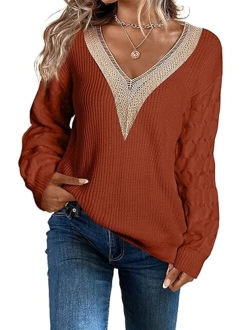 EVALESS Womens Long Sleeve Sweaters Fall 2023 Trendy Sexy Lace V Neck Knit Drop Shoulder Pullover Sweater Jumper Tops