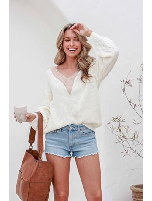 EVALESS Womens Long Sleeve Sweaters Fall 2023 Trendy Sexy Lace V Neck Knit Drop Shoulder Pullover Sweater Jumper Tops