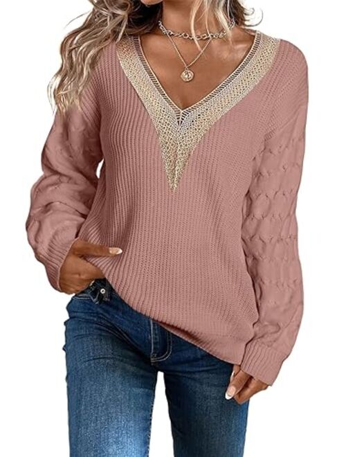 EVALESS Womens Long Sleeve Sweaters Fall 2023 Trendy Sexy Lace V Neck Knit Drop Shoulder Pullover Sweater Jumper Tops