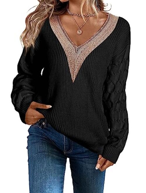 EVALESS Womens Long Sleeve Sweaters Fall 2023 Trendy Sexy Lace V Neck Knit Drop Shoulder Pullover Sweater Jumper Tops