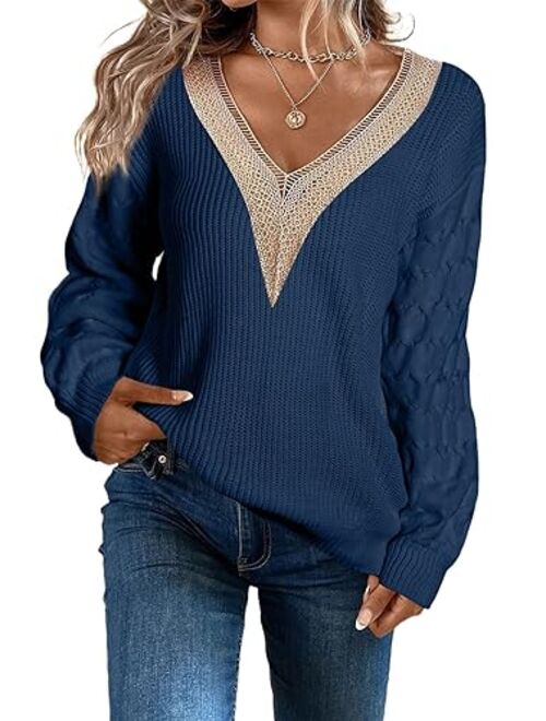 EVALESS Womens Long Sleeve Sweaters Fall 2023 Trendy Sexy Lace V Neck Knit Drop Shoulder Pullover Sweater Jumper Tops