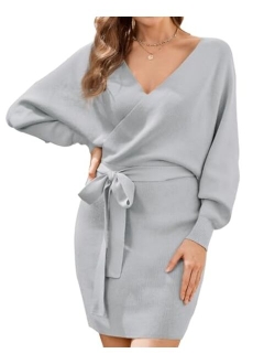 HRUTANE Womens Sweater Dress V Neck Batwing Long Sleeve Wrap Knitted Backless Sexy Bodycon Pullover Dress