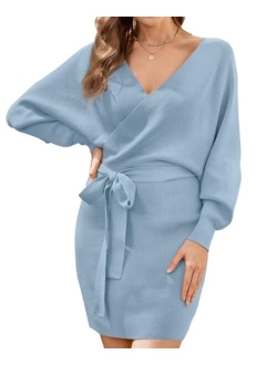 HRUTANE Womens Sweater Dress V Neck Batwing Long Sleeve Wrap Knitted Backless Sexy Bodycon Pullover Dress