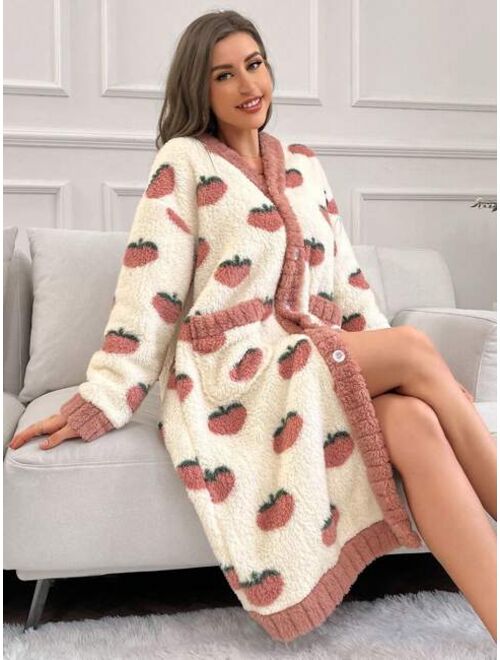 Strawberry Pattern Drop Shoulder Belted Flannel Sleep Robe