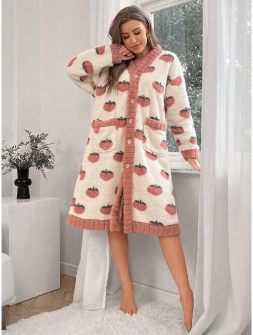 Strawberry Pattern Drop Shoulder Belted Flannel Sleep Robe