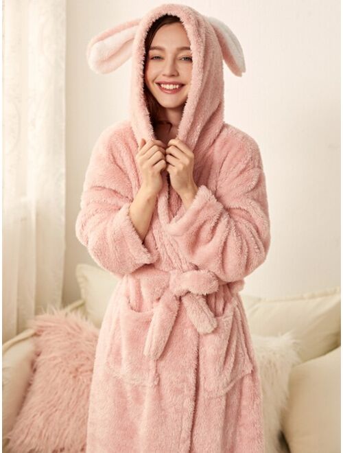 3D Ears Design Belted Hooded Teddy Bathrobe