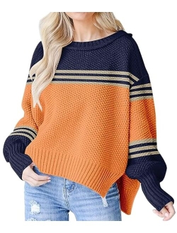 Saukole Womens Oversized Casual Sweaters Batwing Long Sleeve Crew Neck Chunky Ribbed Knit Pullover Loose Solid Jumper Tops Side Split