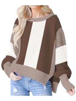 Saukole Womens Oversized Casual Sweaters Batwing Long Sleeve Crew Neck Chunky Ribbed Knit Pullover Loose Solid Jumper Tops Side Split