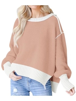 Saukole Womens Oversized Casual Sweaters Batwing Long Sleeve Crew Neck Chunky Ribbed Knit Pullover Loose Solid Jumper Tops Side Split