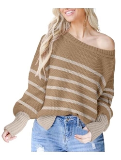 Saukole Womens Oversized Casual Sweaters Batwing Long Sleeve Crew Neck Chunky Ribbed Knit Pullover Loose Solid Jumper Tops Side Split