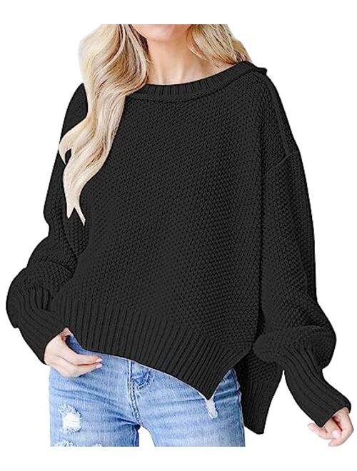 Saukole Womens Oversized Casual Sweaters Batwing Long Sleeve Crew Neck Chunky Ribbed Knit Pullover Loose Solid Jumper Tops Side Split