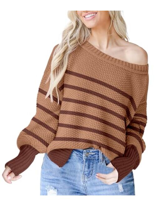 Saukole Womens Oversized Casual Sweaters Batwing Long Sleeve Crew Neck Chunky Ribbed Knit Pullover Loose Solid Jumper Tops Side Split