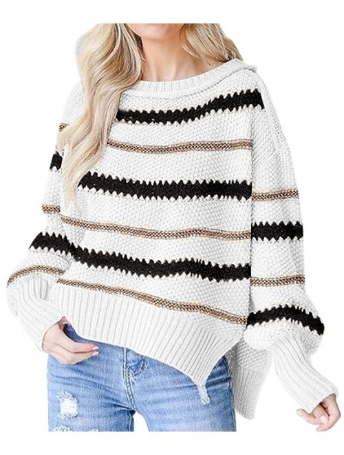 Saukole Womens Oversized Casual Sweaters Batwing Long Sleeve Crew Neck Chunky Ribbed Knit Pullover Loose Solid Jumper Tops Side Split