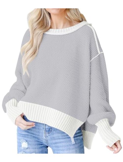 Saukole Womens Oversized Casual Sweaters Batwing Long Sleeve Crew Neck Chunky Ribbed Knit Pullover Loose Solid Jumper Tops Side Split