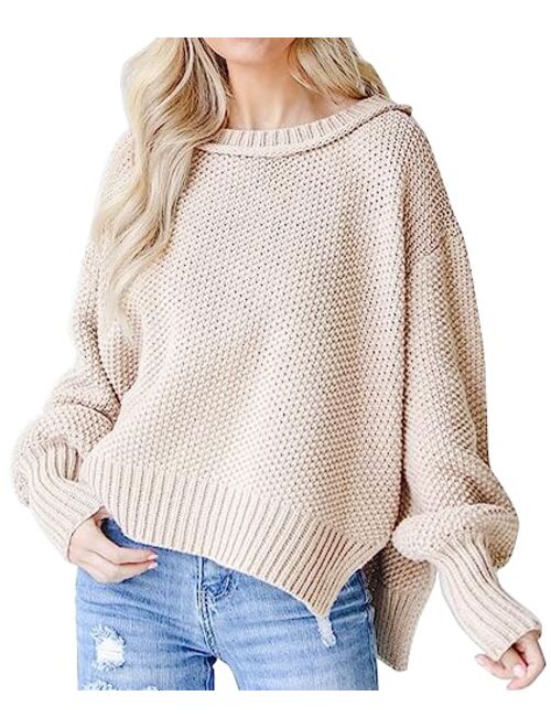 Saukole Womens Oversized Casual Sweaters Batwing Long Sleeve Crew Neck Chunky Ribbed Knit Pullover Loose Solid Jumper Tops Side Split