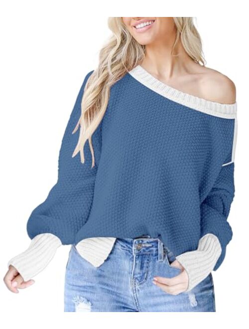 Saukole Womens Oversized Casual Sweaters Batwing Long Sleeve Crew Neck Chunky Ribbed Knit Pullover Loose Solid Jumper Tops Side Split