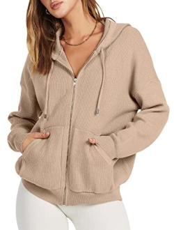 Women's Zip Up Hoodies Sweater 2023 Oversized Casual hooded Jacket Long Sleeve Ribbed Knit Sweatshirts