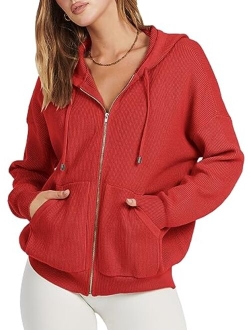 Women's Zip Up Hoodies Sweater 2023 Oversized Casual hooded Jacket Long Sleeve Ribbed Knit Sweatshirts