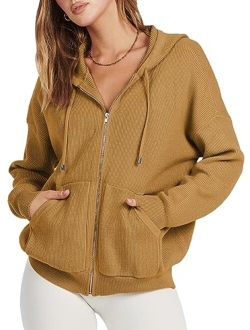 Women's Zip Up Hoodies Sweater 2023 Oversized Casual hooded Jacket Long Sleeve Ribbed Knit Sweatshirts