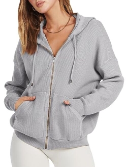 Women's Zip Up Hoodies Sweater 2023 Oversized Casual hooded Jacket Long Sleeve Ribbed Knit Sweatshirts