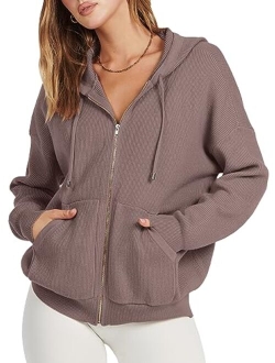 Women's Zip Up Hoodies Sweater 2023 Oversized Casual hooded Jacket Long Sleeve Ribbed Knit Sweatshirts