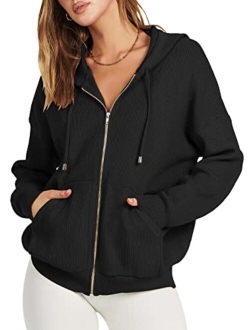 Women's Zip Up Hoodies Sweater 2023 Oversized Casual hooded Jacket Long Sleeve Ribbed Knit Sweatshirts