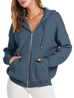 Women's Zip Up Hoodies Sweater 2023 Oversized Casual hooded Jacket Long Sleeve Ribbed Knit Sweatshirts