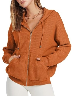 Women's Zip Up Hoodies Sweater 2023 Oversized Casual hooded Jacket Long Sleeve Ribbed Knit Sweatshirts