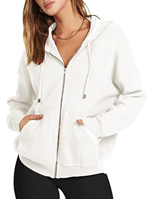 ANRABESS Women's Zip Up Hoodies Sweater 2023 Oversized Casual hooded Jacket Long Sleeve Ribbed Knit Sweatshirts