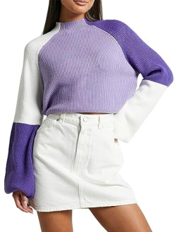 Women's Mock Neck Color Block Sweaters Knitted Pullover Jumper Tops Casual Lantern Sleeve Cropped Sweater