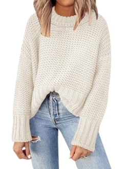 DEEP SELF Women's Crewneck Chunky Knit Sweater Batwing Long Sleeve Loose Fall Solid Pullover Sweaters Tops