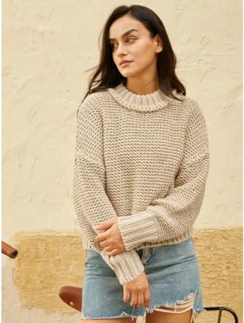 DEEP SELF Women's Crewneck Chunky Knit Sweater Batwing Long Sleeve Loose Fall Solid Pullover Sweaters Tops