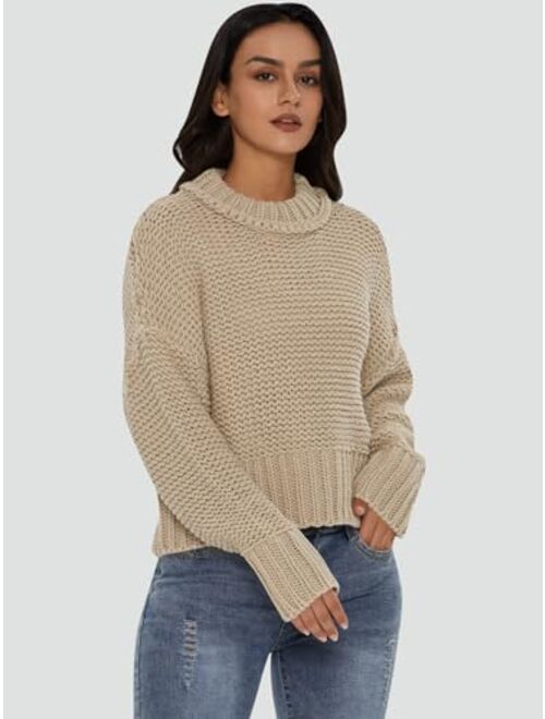 DEEP SELF Women's Crewneck Chunky Knit Sweater Batwing Long Sleeve Loose Fall Solid Pullover Sweaters Tops