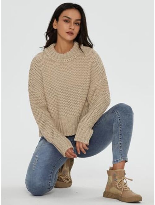 DEEP SELF Women's Crewneck Chunky Knit Sweater Batwing Long Sleeve Loose Fall Solid Pullover Sweaters Tops