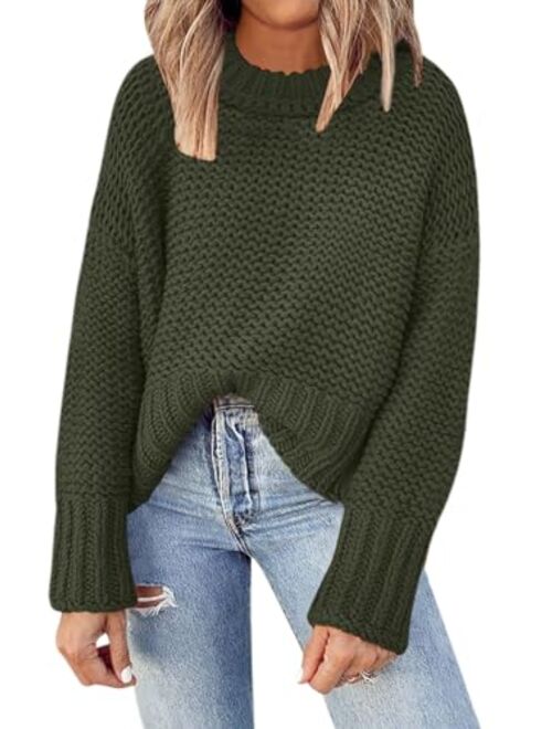 DEEP SELF Women's Crewneck Chunky Knit Sweater Batwing Long Sleeve Loose Fall Solid Pullover Sweaters Tops