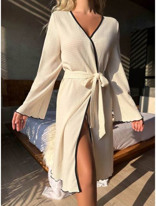 Contrast Binding Belted Robe