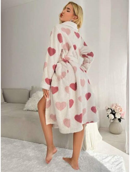 Heart Pattern Shawl Collar Belted Robe