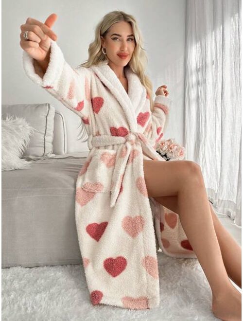 Heart Pattern Shawl Collar Belted Robe