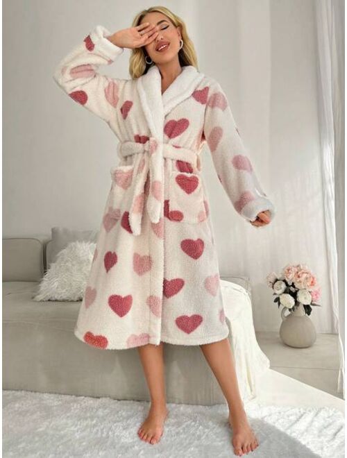 Heart Pattern Shawl Collar Belted Robe