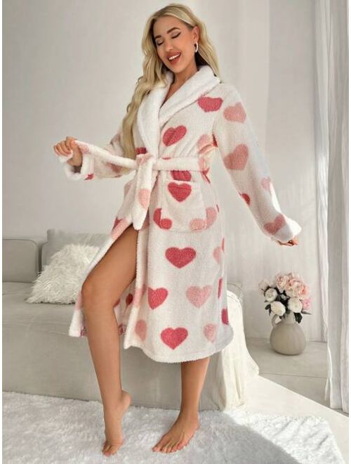 Heart Pattern Shawl Collar Belted Robe