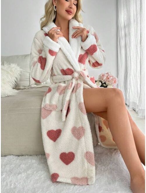 Heart Pattern Shawl Collar Belted Robe