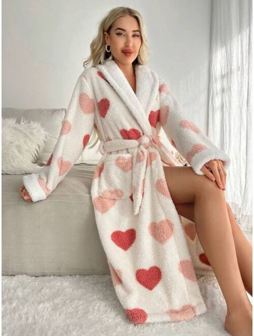 Heart Pattern Shawl Collar Belted Robe