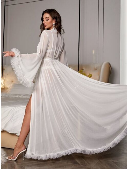 Ruffle Trim Trumpet Sleeve Belted Sleep Robe