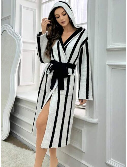 Women's Hooded Striped Belted Robe