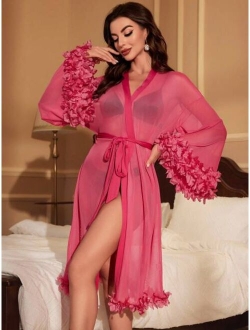 1pc 3D Appliques Trim Belted Mesh Robe