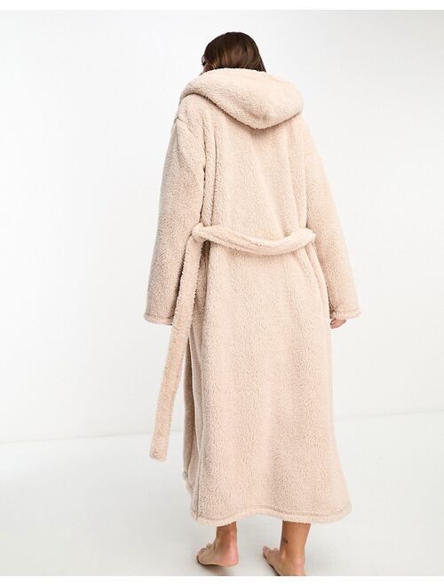 Loungeable cozy sherpa hooded maxi dressig gown in mink