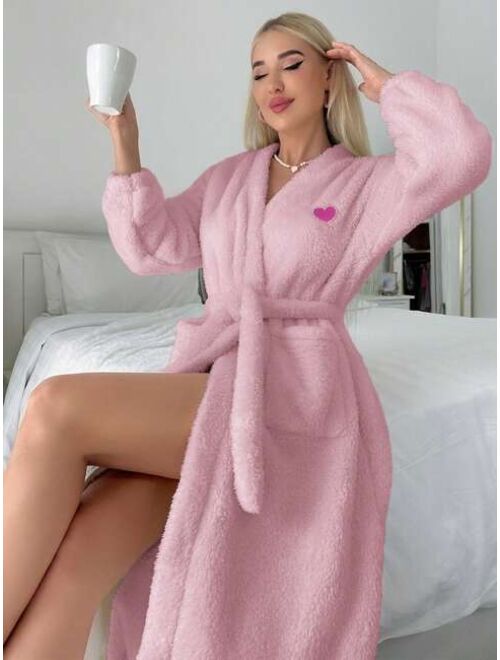 Woman's Plush Robe With Belt And Heart Embroidery